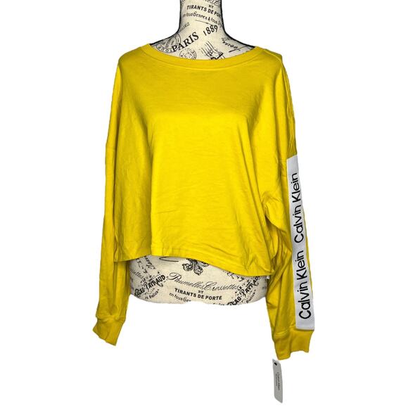 Calvin Klein Performance (M) Cropped Logo Stripe Long Sleeve Crew Neck Top Tee - Picture 1 of 9